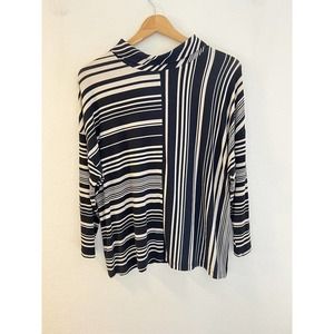 Chicos Womens Size 2 Black Beige Stripe Top Asymmetrical Size L Zipper